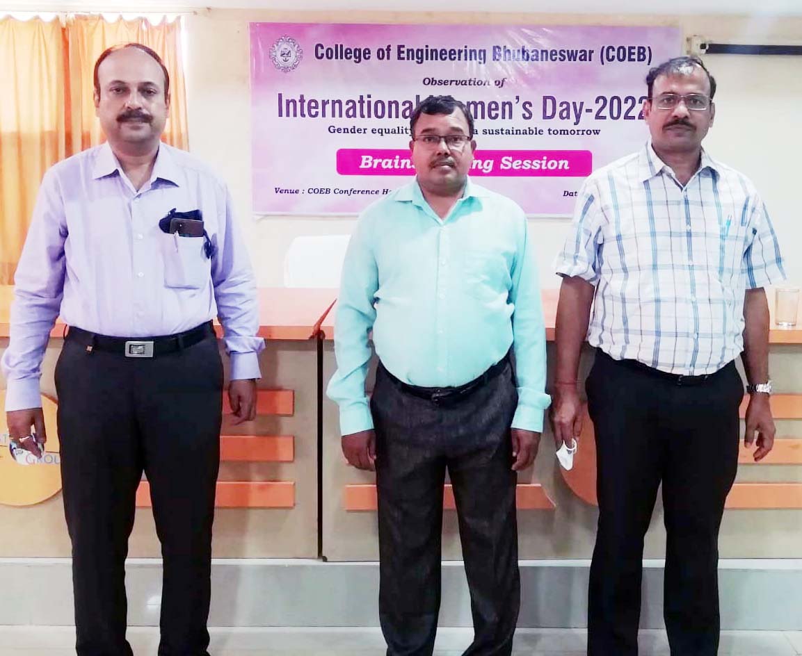 International Women’s Day Programme at COEB
College of Engineering Bhubaneswar (COEB) organized one brainstorming session on the theme of International Women’s Day - 2022, “Gender Equality today for a sustainable tomorrow” at Koustuv Technical Campus. During this session, each student writes down 5 points on the theme and presents their point of view for the rest. All the ideas have been written down to solve the problems of gender equality. It has been complied with to draw out a plan to arrest this menace. The programme ended with a hope to achieve a sustainable tomorrow with the acceleration of numerous initiatives to curb the gap.
Prof. (Dr.) Subrat Kumar Mohanty, Principal COEB and Prof. (Dr.) Sujit Kumar Khuntia joined this brainstorming session to encourage the students. The programme was coordinated by Shri Partha Sarathi Ghosh, PRO KGI.