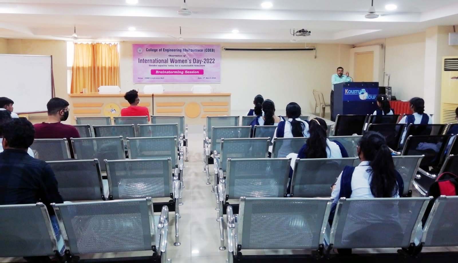 International Women’s Day Programme at COEB
College of Engineering Bhubaneswar (COEB) organized one brainstorming session on the theme of International Women’s Day - 2022, “Gender Equality today for a sustainable tomorrow” at Koustuv Technical Campus. During this session, each student writes down 5 points on the theme and presents their point of view for the rest. All the ideas have been written down to solve the problems of gender equality. It has been complied with to draw out a plan to arrest this menace. The programme ended with a hope to achieve a sustainable tomorrow with the acceleration of numerous initiatives to curb the gap.
Prof. (Dr.) Subrat Kumar Mohanty, Principal COEB and Prof. (Dr.) Sujit Kumar Khuntia joined this brainstorming session to encourage the students. The programme was coordinated by Shri Partha Sarathi Ghosh, PRO KGI.