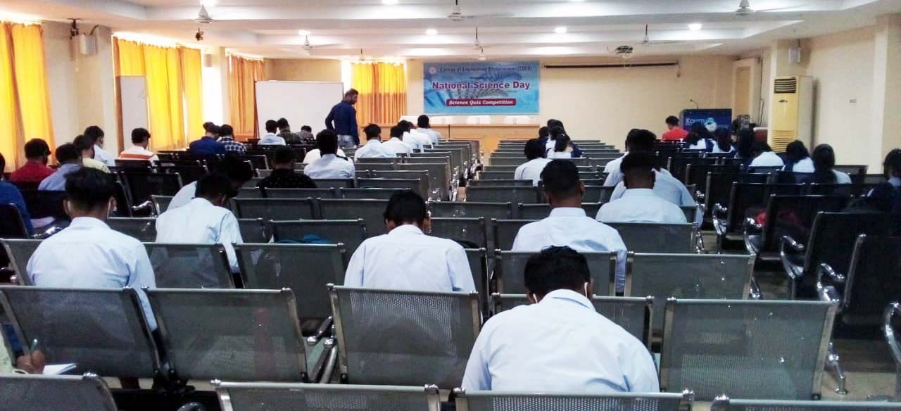 QUIZ ON NATIONAL SCIENCE DAY
College of Engineering Bhubaneswar (COEB) organized one Quiz Competition on the eve of National Science Day at Koustuv Technical Campus. It was an examination comprising of objective questions that test the level of awareness on modern day science among the students. This quiz competition covers a range of topics like, Biology, Chemistry, Physics, Space Science and Computer Science. Before the commencement of the quiz, a brief introduction about the scientific deepness by the Indian’s was explained by Shri Partha Sarathi Ghosh, with special reference to our some of the ancient scientist like, Aryabhatta, Varahamihira, Maharshi Khand, Brahmgupta, Sushruta and  Charaka.