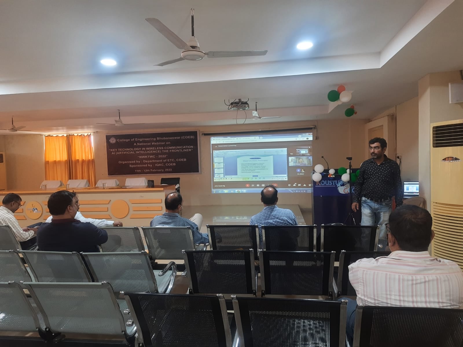Valedictory ceremony of National Level webinar on the topic ‘Key technology in wireless communication: AI (Artificial Intelligence) the frontliner’ conducted on 12th February 2022 at COEB Conference Hall. Chief resource person on this occasion was Shri Rakesh Kumar Sahoo, Dept. of CMTC BSNL, Odisha. In his address, he explained vividly about artificial intelligence and its implications on wireless communication. He focuses on evolution of wireless communication from 1st generation to 6th generations. He further explained the various difficulties faced in each generation and the corresponding improvements made in the next generation. Various advanced techniques used in present generation that helped in augmentation of data range were also discussed.
In his address, Shri Koustuv Mallick, Trustee NDET, said that 5G technology is going to be relevant in days ahead. He narrated about the implementation of wireless technology in IoT field and how the latest technology is helping in saving the power with increased efficiency.
At the beginning of the valedictory ceremony, welcome address was given by Prof. (Dr.) Loknath Sarangi, Convener - NWKTWC – 2022. In his address Prof. (Dr.) Subrat Kumar Mohanty, Principal COEB said that the session has touched almost all aspects of Artificial Intelligence. At the end, the vote of thanks proposed by Prof. Snehasis Dey, Convener - NWKTWC – 2022. This webinar was attended by around 69 students. Research Scholars and faculties from numerous institutes of India have participated in this webinar.
