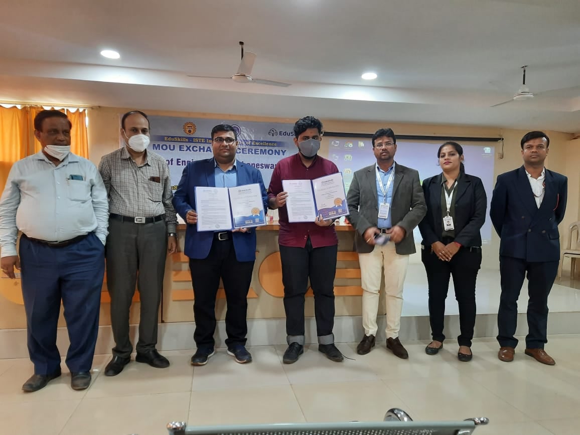 MoU exchange between COEB and EduSkills for the Industry Centre of Excellence 
College of Engineering Bhubaneswar (COEB) has entered into a Memorandum of Understanding with Eduskills since 2021. The agreement was exchanged between the Trustee NDET, Shri Koustuv Mallick and Eduskills Foundation, CEO, Shri  Shubhajit Jagadev today i.e. on 19th February 2022 at the Koustuv Technical Campus, in the presence of Principal COEB, Prof. (Dr.) Subrat Kumar Mohanty, Registrar COEB, Prof. (Dr.) Sadasiv Dash, HoD, CSE and SPoC, Eduskills Prof. Bivasa Ranjan Parida, Faculty Educators of the Department of CSE, ETC Bibek Paramanik, Lead – Operation. Ipsita Priyadarsini, Manager, Corporate Relations, Pillala Deeksha, Program Manager (Student Affairs), and students. The collaboration will enable various opportunities for students including access to Industry based Teaching Learning Process, skill upgradation, internship, placement and many more. The programme was anchored by Prof. Mamata Beura and vote of thanks proposed by Prof. Bivasa Ranjan Parida