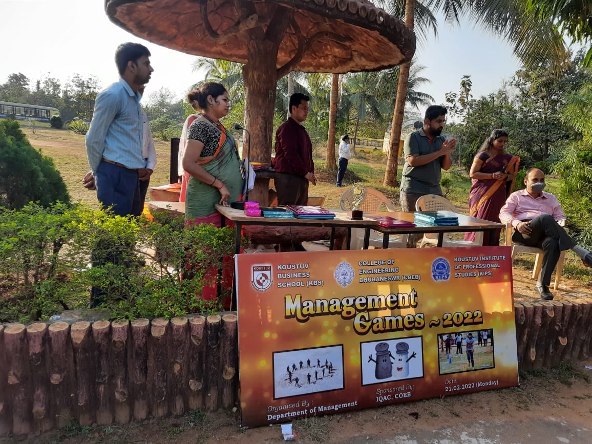 Management Games – 2022 was jointly organized by College of Engineering Bhubaneswar (COEB), Koustuv Business School (KBS) and Koustuv Institute of Professional Studies (KIPS) on 21st February 2022 at Koustuv Technical Campus. The management students of these institutions have enthusiastically participated in Desert Survival, Salt and Pepper Minefield games. These games are entertaining as well as educative. Management games give a sense of practical applicability of the subject and the concepts that are learned are inscribed in a better manner because the students have practical experience of the concept.
The event concluded with a prize distribution ceremony. Shri Koustuv Mallick, Trustee NDET graced the function as the chief guest. In his address, he spoke on the importance of management games and about its value addition. He further said it is necessary to keep new age management students motivated and engaged. In his address Prof. (Dr.) Sadasiv Dash, Registrar COEB and distinguished guest on this occasion, hoped the games will dictate the success of the business for the new age management graduates. Another distinguished guest of the occasion Prof. (Dr.) Subrat Kumar Mohanty, Principal COEB expects the students would have learned the rudiments of management lessons through these beautiful world of games. All the winners were received prizes and winning trophy from the guests in the presence of Prof. (Dr.) Sasmita Nayak, Principal KBS, faculty members and students. 
Prof. Monalisha Patel introduced the guests as well as anchored the programme. The event coordinated by Prof. Anurag Sahani and Prof.  Bhakta Charan Jena.
WINNERS OF MANAGEMENT GAMES – 2022
MINEFIELD GAMES
Winner: Milan Bastia, Prakash Kumar Dash & Jayant Kumar Behera
Runner-up: Dinesh Dalabereha, Debi Prasad Bramha & Alina Sethi
SALT AND PEPPER
Winner: Simran Dash & Pritam Kumar Nayak
Runner-up:  Devi Prasad Bramha & Prakash Kumar Dash
DESERT SURVIVAL
Winning Team: Suchitra Moharana, Aditya Narayan Pratihari, T Yamini, Pragati Chhottaray, Rashmi Ranjaita Pani Nand Kishore Jha, & B. Nanda