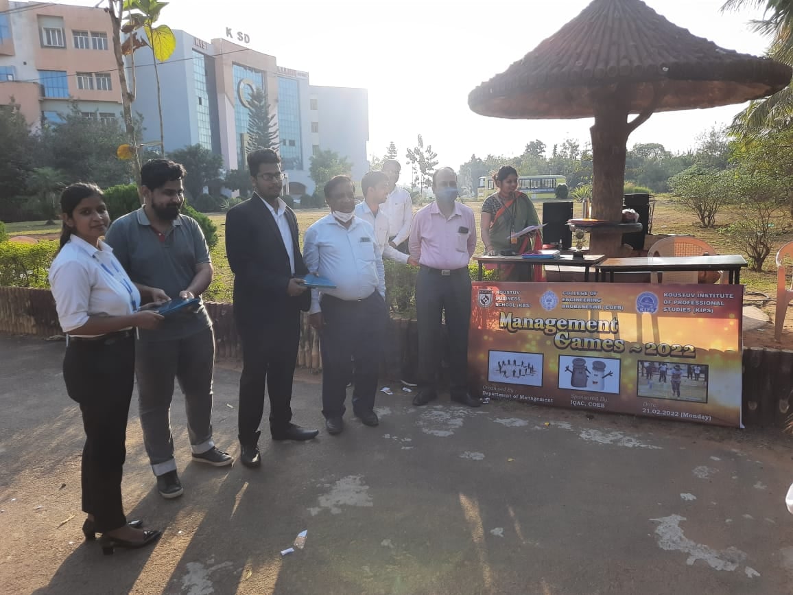 Management Games – 2022 was jointly organized by College of Engineering Bhubaneswar (COEB), Koustuv Business School (KBS) and Koustuv Institute of Professional Studies (KIPS) on 21st February 2022 at Koustuv Technical Campus. The management students of these institutions have enthusiastically participated in Desert Survival, Salt and Pepper Minefield games. These games are entertaining as well as educative. Management games give a sense of practical applicability of the subject and the concepts that are learned are inscribed in a better manner because the students have practical experience of the concept.
The event concluded with a prize distribution ceremony. Shri Koustuv Mallick, Trustee NDET graced the function as the chief guest. In his address, he spoke on the importance of management games and about its value addition. He further said it is necessary to keep new age management students motivated and engaged. In his address Prof. (Dr.) Sadasiv Dash, Registrar COEB and distinguished guest on this occasion, hoped the games will dictate the success of the business for the new age management graduates. Another distinguished guest of the occasion Prof. (Dr.) Subrat Kumar Mohanty, Principal COEB expects the students would have learned the rudiments of management lessons through these beautiful world of games. All the winners were received prizes and winning trophy from the guests in the presence of Prof. (Dr.) Sasmita Nayak, Principal KBS, faculty members and students. 
Prof. Monalisha Patel introduced the guests as well as anchored the programme. The event coordinated by Prof. Anurag Sahani and Prof.  Bhakta Charan Jena.
WINNERS OF MANAGEMENT GAMES – 2022
MINEFIELD GAMES
Winner: Milan Bastia, Prakash Kumar Dash & Jayant Kumar Behera
Runner-up: Dinesh Dalabereha, Debi Prasad Bramha & Alina Sethi
SALT AND PEPPER
Winner: Simran Dash & Pritam Kumar Nayak
Runner-up:  Devi Prasad Bramha & Prakash Kumar Dash
DESERT SURVIVAL
Winning Team: Suchitra Moharana, Aditya Narayan Pratihari, T Yamini, Pragati Chhottaray, Rashmi Ranjaita Pani Nand Kishore Jha, & B. Nanda